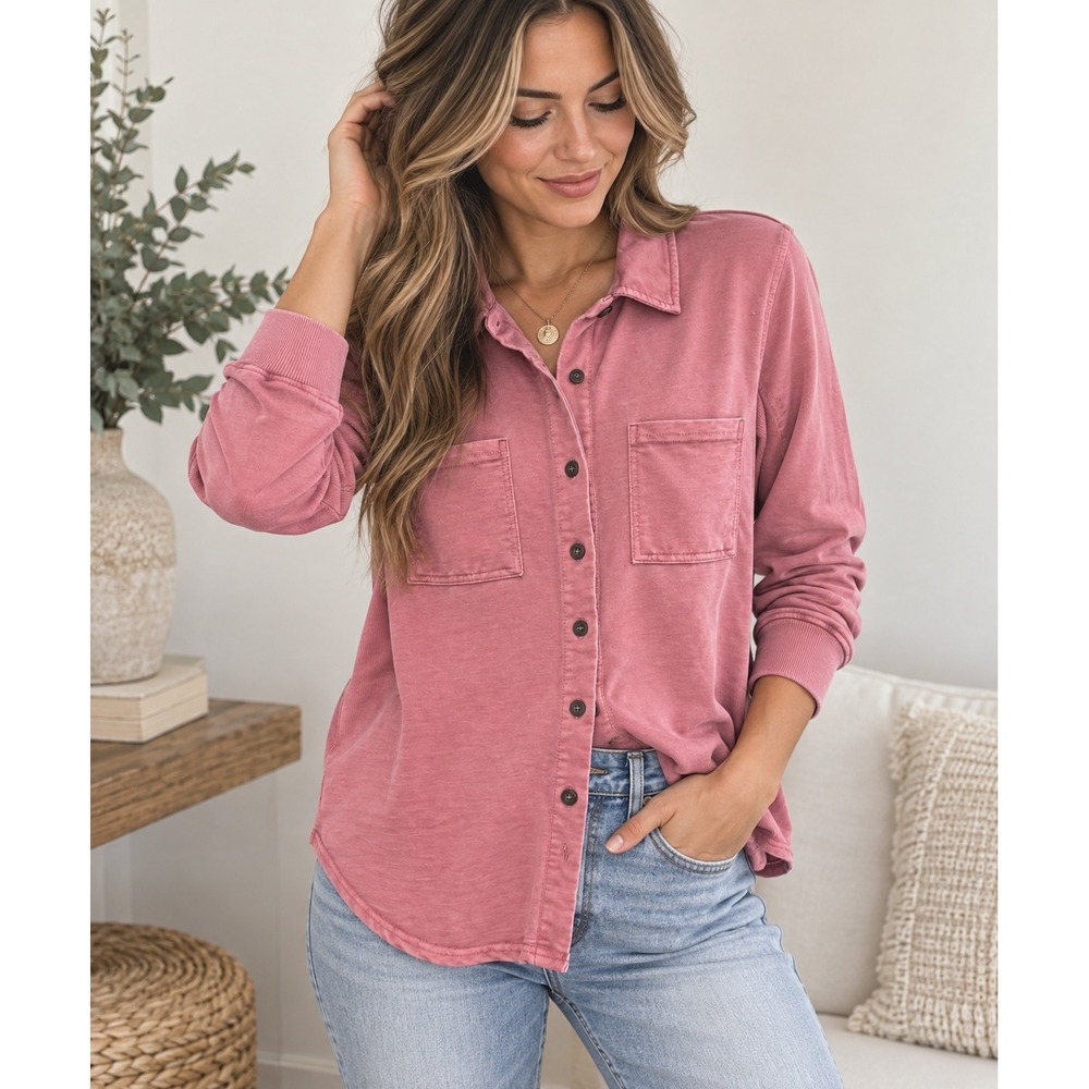 Jane + Delancey Button Down Top Ribbed Side Panel Pink Casual Size Medium
